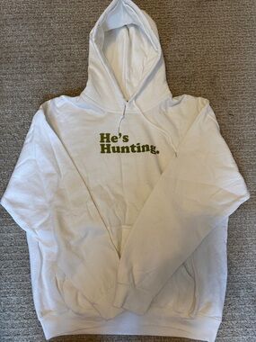 Gildan White Hoodie with Olive Green "He's Hunting." Graphic